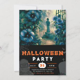 Haunting Graveyard Blue Flowers Halloween Invitation