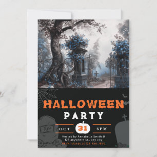 Haunting Graveyard Blue Flowers Halloween Invitation