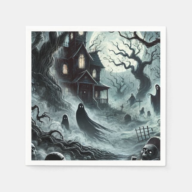 Haunting Night Scary Haunted House Halloween Party Napkins (Front)