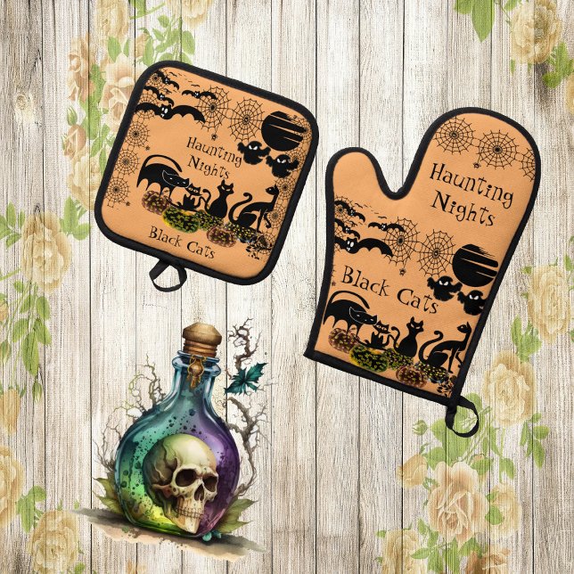 Haunting Nights Halloween Pumpkin Black Cat Horror Oven Mitt & Pot Holder Set (Haunting Nights Halloween Pumpkin Black Cat Horror Oven Mitt & Pot Holder Set)