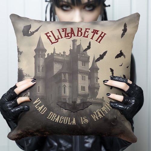 Haunting Retro Horror Draculas Castle Gothic Throw Pillow