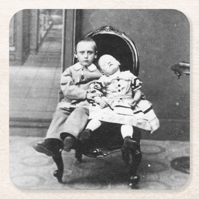 Haunting Vintage Sibling Portrait  Square Paper Coaster (Front)