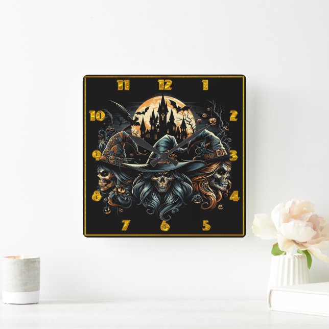 Haunting witches gather under a full moon square wall clock (Home)