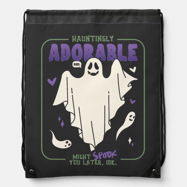 Hauntingly Adorable Funny Halloween Ghost Sayings Drawstring Bag (Front)