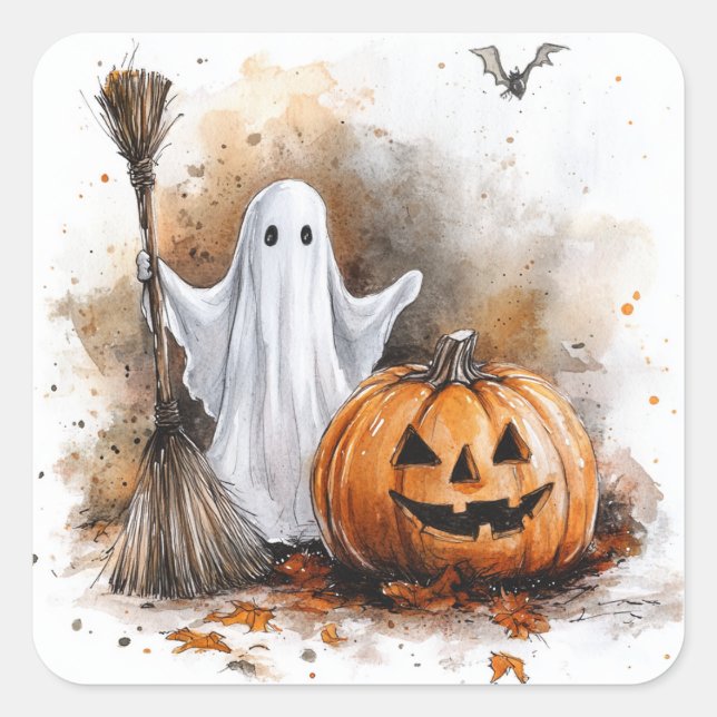 Hauntingly Cute Broomstick Ghost Square Sticker (Front)