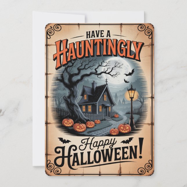 "Hauntingly Happy Halloween" Spooky House Holiday Card (Front)