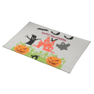 Hauntingly Orange House, Ghost and Raven Cloth Placemat