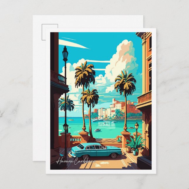 Havana Cuba Art Vintage Travel illustration Postcard (Front/Back)