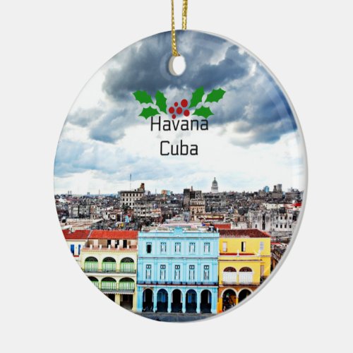 Havana Cuba cityscape with Christmas holly Ceramic Ornament