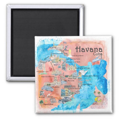 Havana Cuba Illustrated Retro Travel Map Magnet