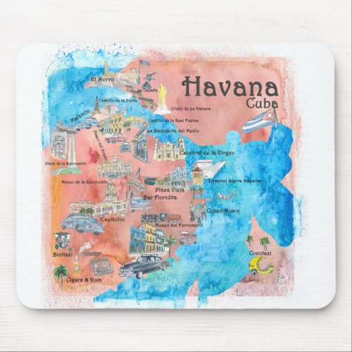 Havana Cuba Illustrated Retro Travel Map Mouse Pad