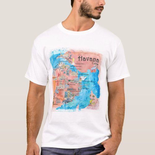Havana Cuba Illustrated Retro Travel Map T_Shirt