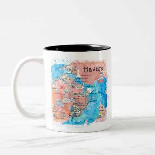Havana Cuba Illustrated Retro Travel Map Two_Tone Coffee Mug
