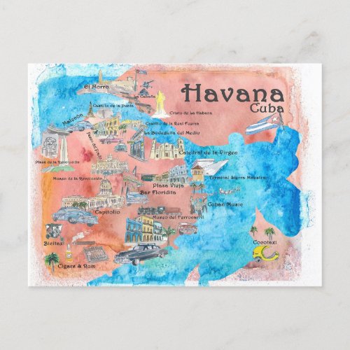 Havana Cuba Illustrated Travel Map Postcard