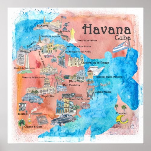 Havana Cuba Illustrated Travel Poster Map