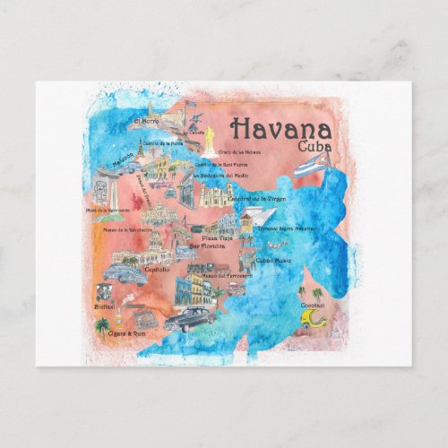 Havana Cuba Illustrated Travel Poster Map postcard