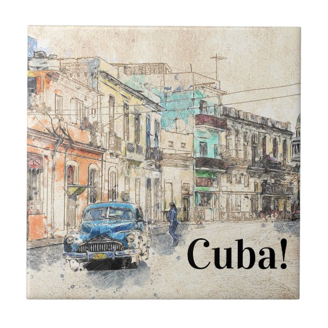 Havana Cuba Illustration Ceramic Tile (Front)