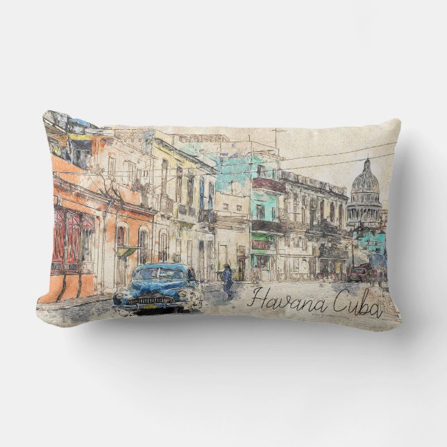 Havana Cuba Illustration Lumbar Pillow (Front)
