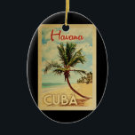Havana Cuba Palm Tree Vintage Travel Ceramic Ornament<br><div class="desc">A uniquely retro mid-century modern Havana Cuba art print in vintage travel poster style. It features a curved palm tree on sandy beach with ocean under a blue cloudy sky.</div>