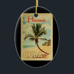Havana Cuba Palm Tree Vintage Travel Ceramic Ornament<br><div class="desc">A uniquely retro mid-century modern Havana Cuba art print in vintage travel poster style. It features a curved palm tree on sandy beach with ocean under a blue cloudy sky.</div>