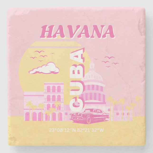 Havana Cuba Pink Preppy Art Stone Coaster (Front)