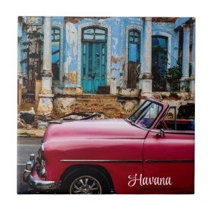 Havana Cuba Red Vintage Car            Ceramic Tile