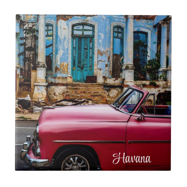 Havana Cuba Red Vintage Car            Ceramic Tile (Front)