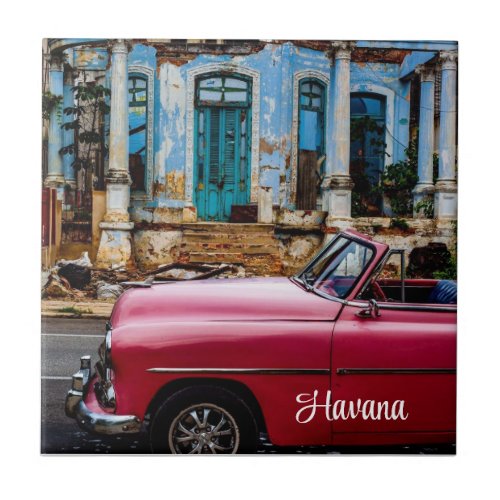 Havana Cuba Red Vintage Car    Ceramic Tile