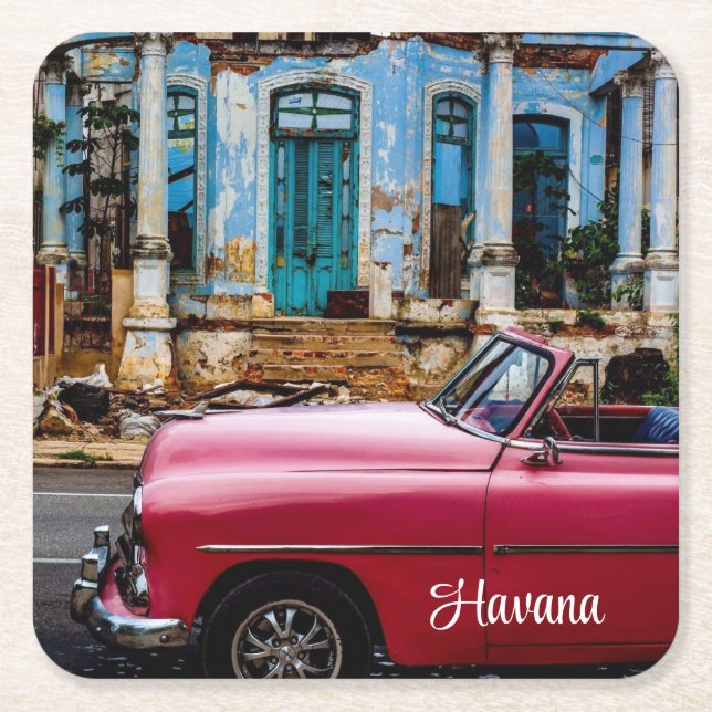 Havana Cuba Red Vintage Car  Square Paper Coaster (Front)