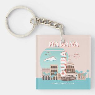 Havana Cuba Retro Travel Art Keychain