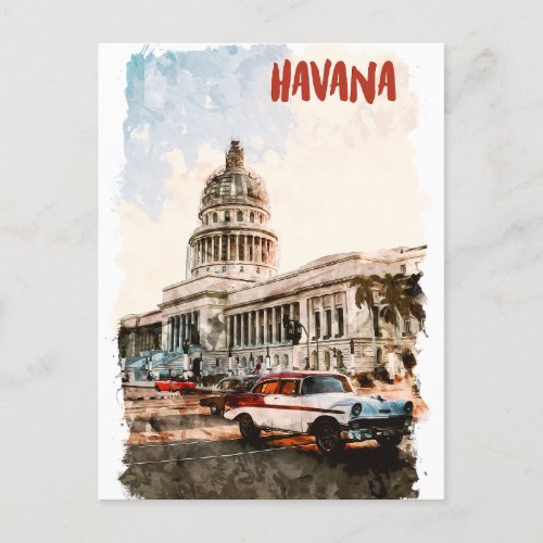 Havana Cuba Vintage Travel Watercolor Postcard