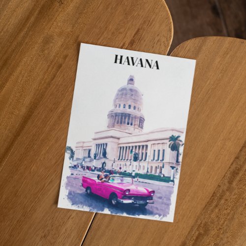 Havana Cuba Vintage Travel Watercolor Postcard