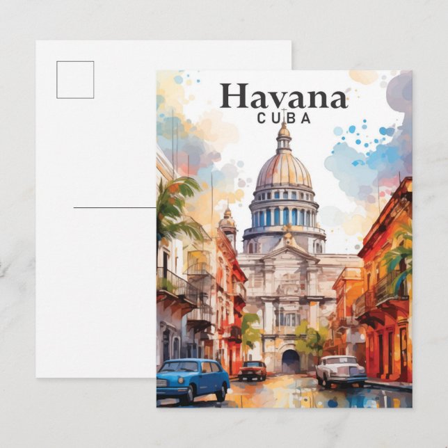 Havana Cuba Watercolor Painting Travel Postcard (Front/Back)