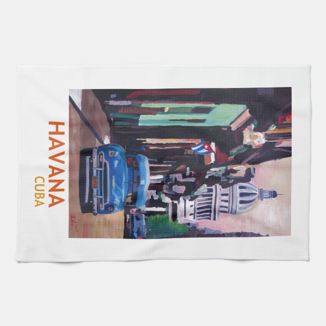 Havana in Cuba  - El Capitolo with oldtimer Kitchen Towel (Horizontal)