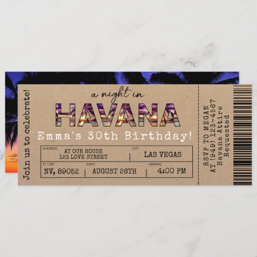 Havana Nights Tropical Airline Ticket Birthday Invitation