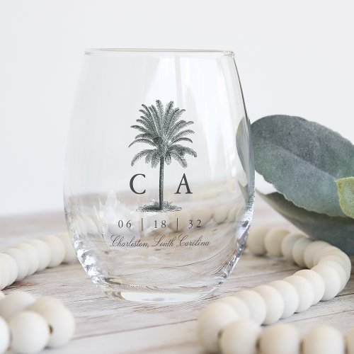 Havana Palm  Vintage Palm Tree Wedding Stemless Wine Glass