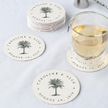 Havana Palm Wedding Round Paper Coaster<br><div class="desc">Island chic coasters are a perfect addition to your beach,  tropical island,  Hawaii or destination wedding. Design features your names and wedding date in charcoal gray,  encircling a vintage etched style palm tree illustration in the center. Designed to coordinate with our Havana Palm wedding collection.</div>