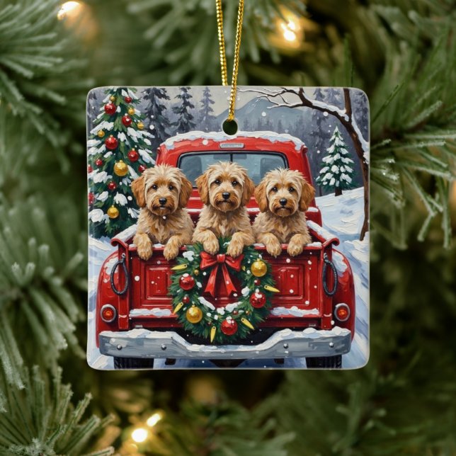 Havanese Christmas Red Truck Holiday Ceramic Ornament (Tree)