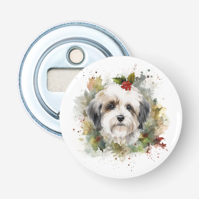 Havanese Christmas Wreath Festive Pup Bottle Opener (Front)