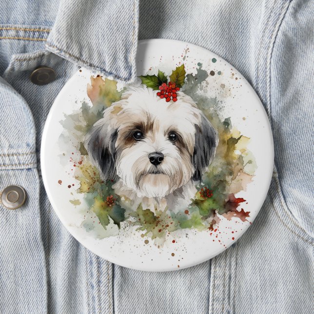 Havanese Christmas Wreath Festive Pup Button (In Situ)