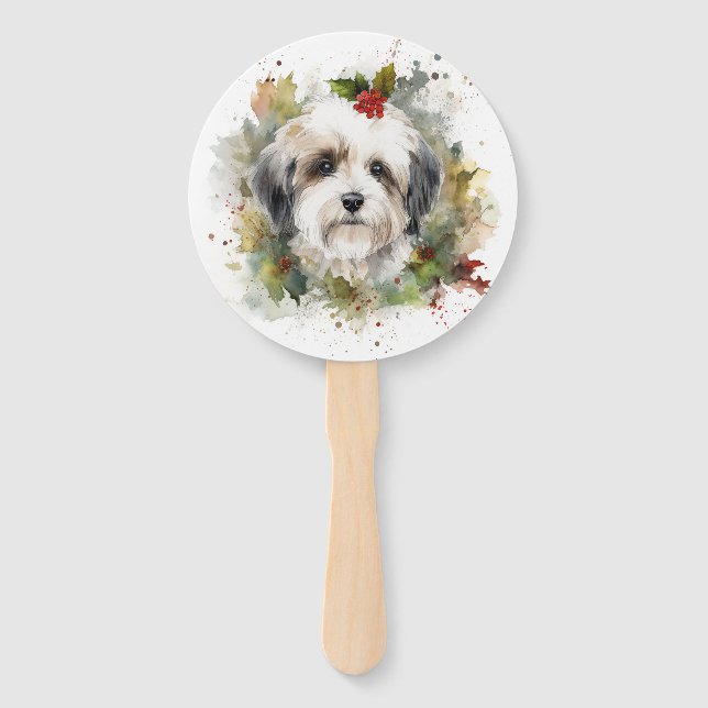Havanese Christmas Wreath Festive Pup Hand Fan (Back)