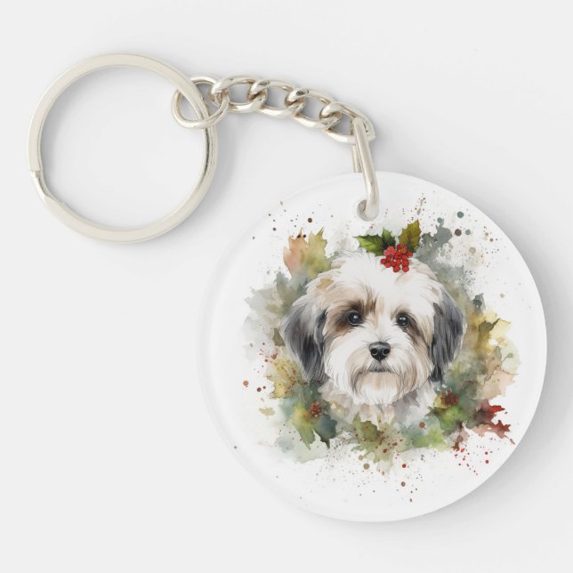 Havanese Christmas Wreath Festive Pup Keychain (Front)