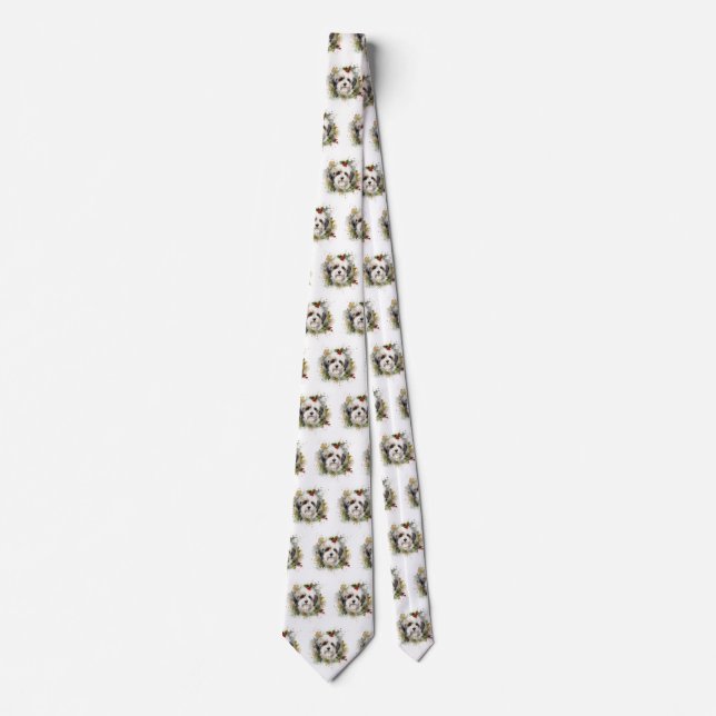 Havanese Christmas Wreath Festive Pup Neck Tie (Front)