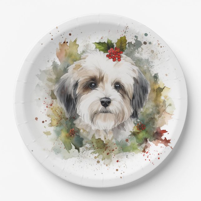 Havanese Christmas Wreath Festive Pup Paper Plates (Front)