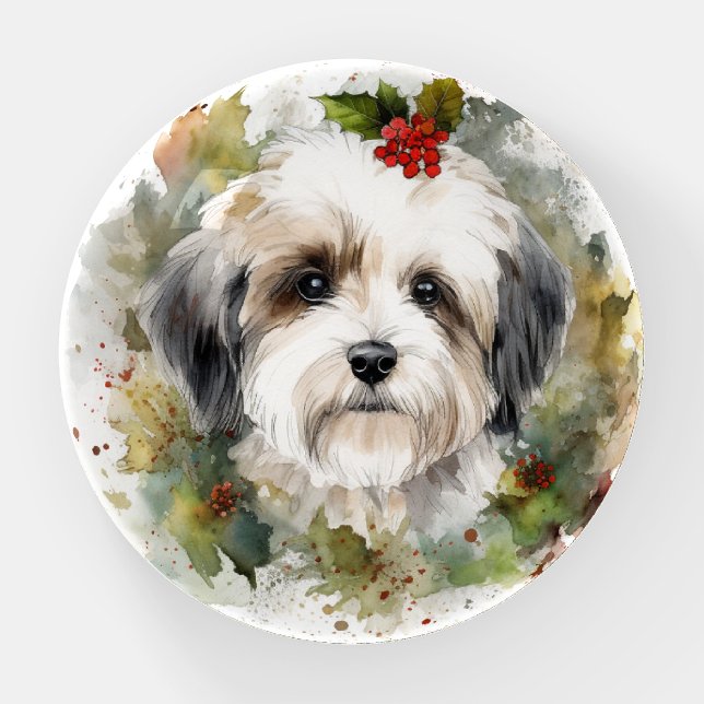Havanese Christmas Wreath Festive Pup Paperweight (Front)