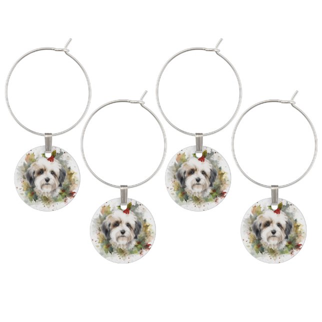 Havanese Christmas Wreath Festive Pup Wine Charm (Staggered)