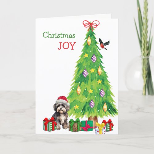 Havanese Dog Bird and Christmas Tree Holiday Card