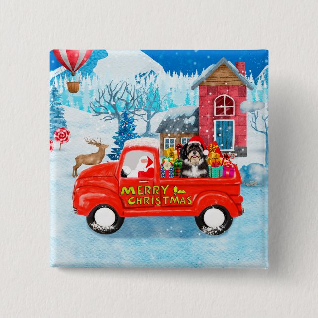 Havanese Dog Christmas Delivery Truck Snow  Button (Front)