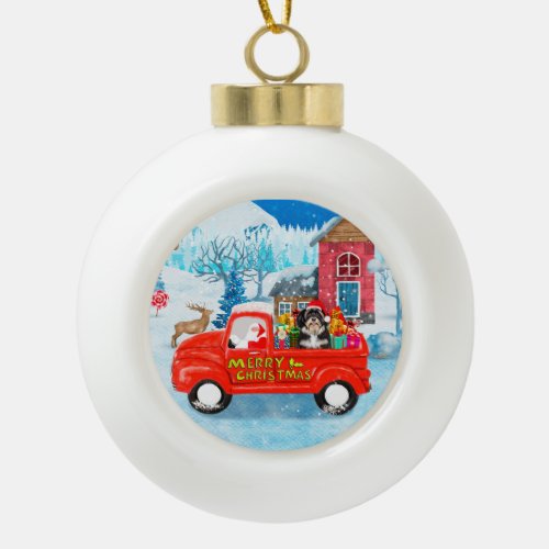 Havanese Dog Christmas Delivery Truck Snow Ceramic Ball Christmas Ornament
