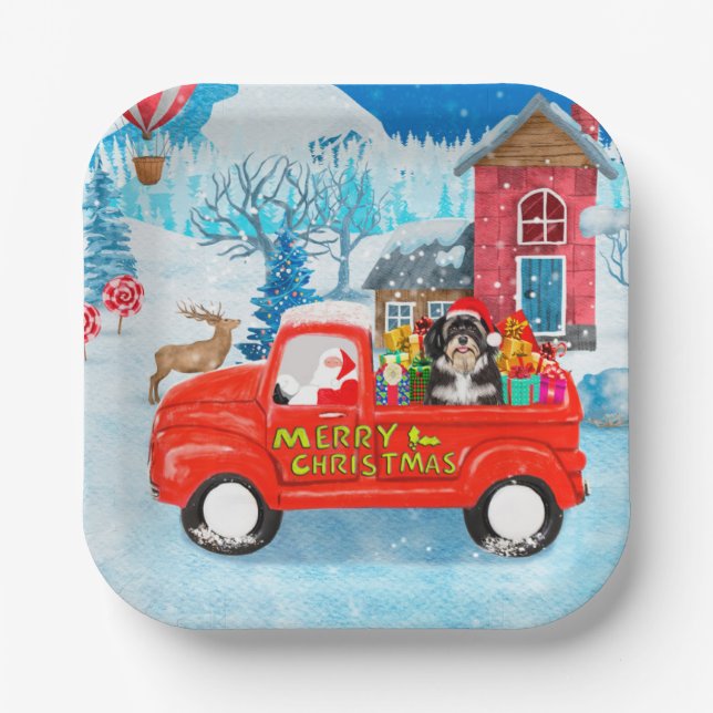 Havanese Dog Christmas Delivery Truck Snow  Paper Plates (Front)